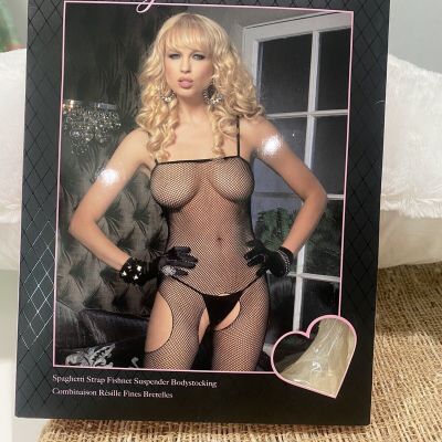 Spaghetti Strap Fishnet Suspender Bodystocking Hip Cutout Lingerie Cosplay Black