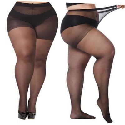 Plus Size Sheer Tights for Women, 20D High Waist Pantyhose 3X-4X Black
