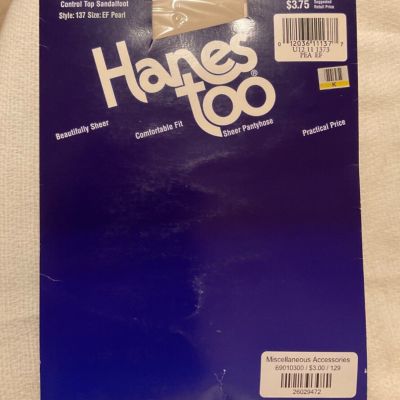 1 Pair Vtg 1993 Hanes Too Sheer Pantyhose Sz EF Pearl Control Top Sandalfoot USA