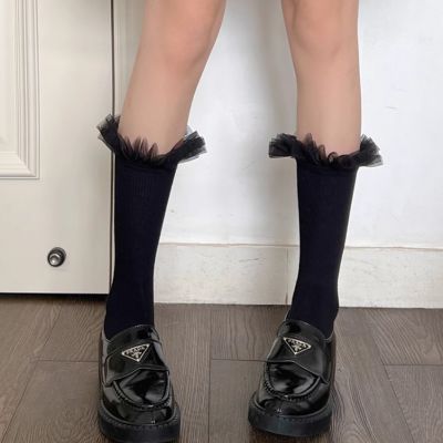 Black Tulle Ruffle Socks – Elegant Sheer Frill Gothic Lolita Vintage Style