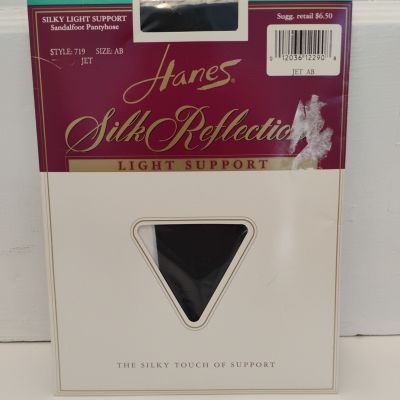 Vintage Hanes Silk Reflections Size AB Jet Black Pantyhose Style 719 Sandalfoot