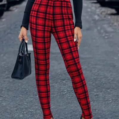 women's high-rise Slim Fit Fashion Leggings ( Red/Black /plaid )  Size L / XL