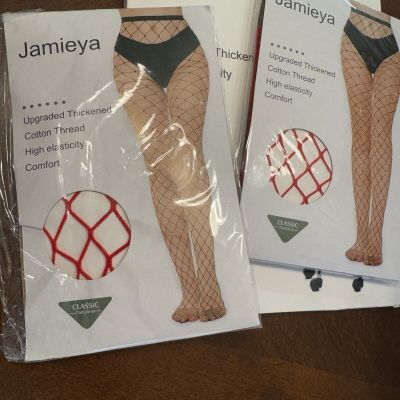 2 Pair Brand New RED FISHNET TIGHTS Stretch PANTYHOSE One Size Dance Costume