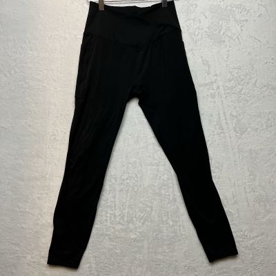 Unbranded Crossover Front Black Leggings With Pockets Sz M Cropped 24.5” Inseam