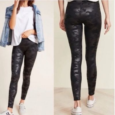 Black Spanx Camouflage Faux Leather High Waist Shapewear Leggings Camo Shine M