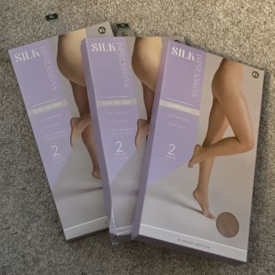 3 Pkgs Silk Impressions Pantyhose Tights Ultra Fine Sheer 2 Pair Size XL Beige